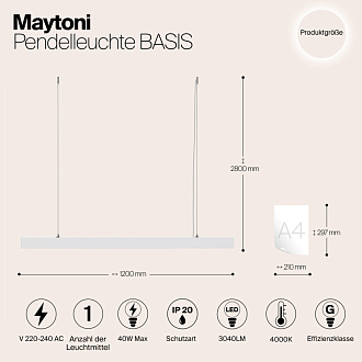 Подвесной светодиодный светильник 120 см Maytoni Vinder P051PL-L40W4K, 40W LED, 4000K, белый