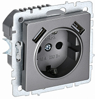 BRITE Розетка с заземлением с защитными шторками 16А с USB A+A 2,1А РЮш10-1-БрС сталь
