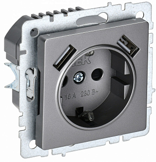BRITE Розетка с заземлением с защитными шторками 16А с USB A+A 2,1А РЮш10-1-БрС сталь