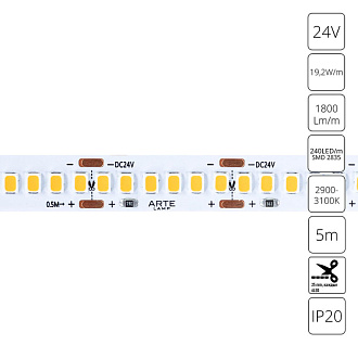 Светодиодная Лента 24V, 19,2W, 9000lm, 3000К, IP20, Arte Lamp Tape A2424010-01-3K, Белый, цена за катушку 5 метров