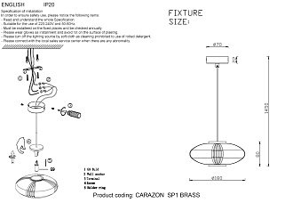 Светильник подвесной Crystal Lux CARAZON  SP1 BRASS Латунь