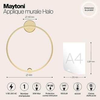 Бра 60 см, 36W, 4000K, Maytoni MOD005WL-L22BSK1, латунь