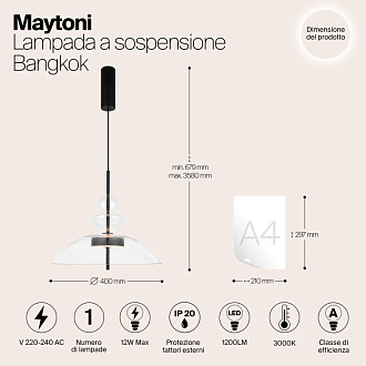 Подвесной светильник  40*67,9 см, LED 1 12W, 3000К, Черный Maytoni Bangkok MOD185PL-L6B3K3