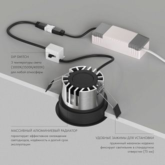 Встраиваемый светильник *8,4*7 см, *LED*975Lm, 3000-4000-6000K, Denkirs Shine Glow DK2431-BK, черный матовый