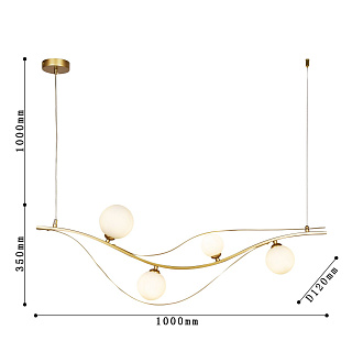 Подвесная люстра F-Promo Carina 4059-4P, L1000*W120*H350/1350, каркас изогнутой формы цвета золота, плафоны из выдувного стекла белого цвета, часть каркаса фиксируется тросиком для баланса