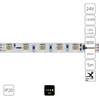 A2406010-03-3K Светодиодная лента SPI 24В 14,4Вт/м 3000К 90+ 10мм SMD5050 60шт/м 5м IP20 Arte Lamp Spi