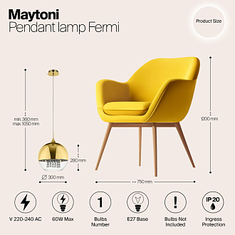 Светильник подвесной Maytoni Fermi P140-PL-170-1-G, диаметр 30 см, золото