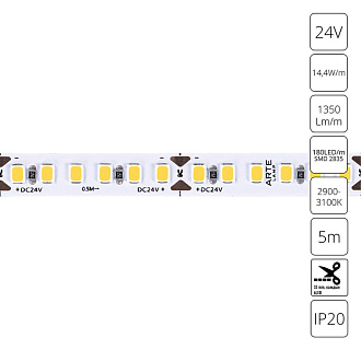 Светодиодная Лента 24V, 14,4W, 6750lm, 3000К, IP20, Arte Lamp Tape A2418008-01-3K, Белый, цена за катушку 5 метров