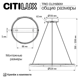 Светильник 52 см, 54W, 3000-5500K, Citilux TRIO CL215B051 LED, черный