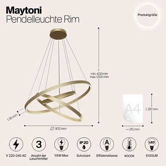 Светильник 80 см, 80W, 4000K Maytoni Rim MOD058PL-L100BS4K, 115W, 4000K, латунь