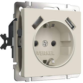 W1171562 Розетка с заземлением, шторками и USBх2, айвори матовый Werkel, 4690389192005