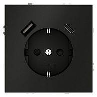Розетка встраиваемая Voltum S70 с заземлением и защитными шторками, 16А, с USB, A+С, черный матовый пластик Soft touch VLS040508