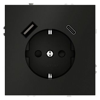 Розетка встраиваемая Voltum S70 с заземлением и защитными шторками, 16А, с USB, A+С, черный матовый пластик Soft touch VLS040508