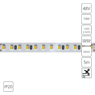 A4812010-05-3K Светодиодная лента 48В 14Вт/м 1400Лм/м 3000К 90+ 10мм SMD2835 120шт/м 5м IP20 Arte Lamp Tape