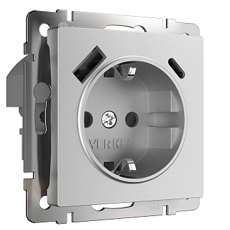 W1171765 Розетка с заземлением, шторками и USB тип A+C , серебряный матовый Werkel, 4690389195600