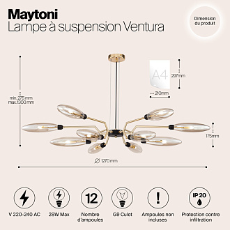 Подвесная люстра Maytoni Ventura MOD012CL-12G, золото, диаметр 127см
