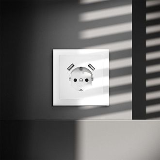 Розетка встраиваемая Voltum S70 с заземлением и защитными шторками, 16А, с USB, A+A, белый матовый пластик Soft touch VLS040402