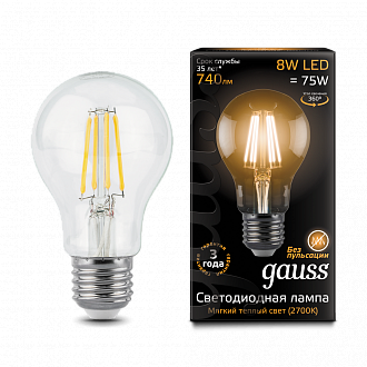 102802108 Лампа Gauss Filament А60 8W 740lm 2700К Е27 LED 1/10/40