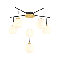 Люстра Favourite Paramount 3047-6P, D640*H575, каркас из двух цветов - черный и золото, плафоны из выдувного стекла дуплекс цвета опала необычной формы, лампу G9 можно менять