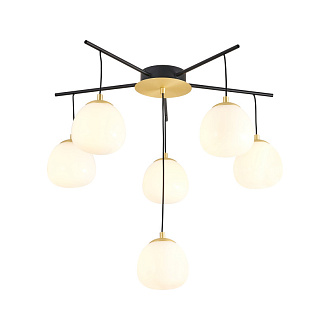 Люстра Favourite Paramount 3047-6P, D640*H575, каркас из двух цветов - черный и золото, плафоны из выдувного стекла дуплекс цвета опала необычной формы, лампу G9 можно менять