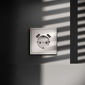 Розетка встраиваемая Voltum S70 с заземлением и защитными шторками, 16А, с USB, A+A, кашемир пластик Soft touch VLS040403