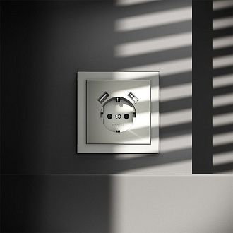 Розетка встраиваемая Voltum S70 с заземлением и защитными шторками, 16А, с USB, A+A, сталь пластик Soft touch VLS040405