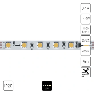 A2406010-04-4K Светодиодная лента SPI 24В 14,4Вт/м 4000К 90+ 10мм SMD5050 60шт/м 5м IP20 Arte Lamp Spi